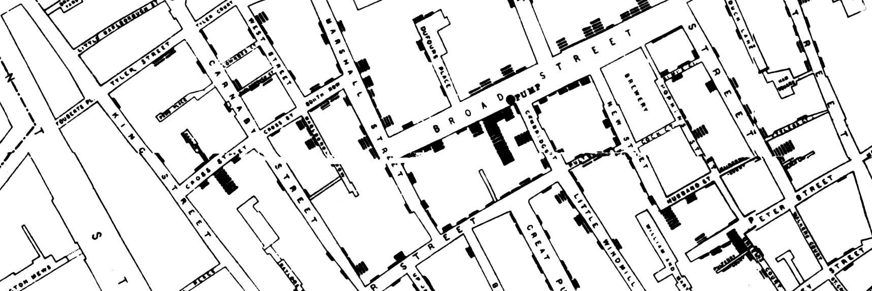 John Snow's 1855 map of the Soho cholera outbreak showed the clusters of cholera cases in the London epidemic of 1854.